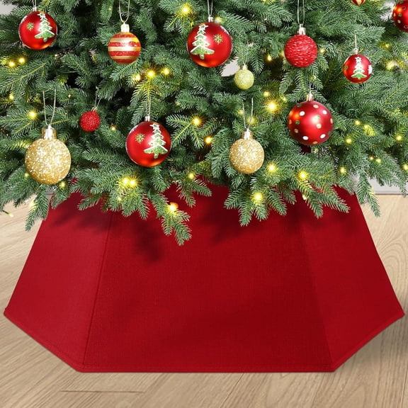 "26'' Foldable Linen Farmhouse Rustic Christmas Tree Red Collar Skirt Stand Tree Ring for Artificial Christmas Tree Decor Base Cover Holiday Home Party Decoration