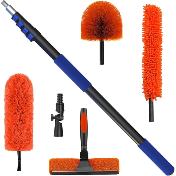26 Foot High Reach Duster Kit with 5-19 ft Telescoping Extension Pole, Ceiling Duster, Cobweb Window Squeegee, Feather Outdoor & Indoor Extendable Cleaning