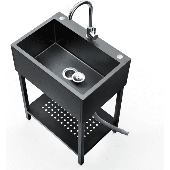 26" Freestanding Utility Sink, Single Bowl Kitchen Sinks w/Storage Shelve, Black Heavy Duty Sinks with Cold & Hot Water Pipe for Commercial Laundry Room Bathroom Farmhouse