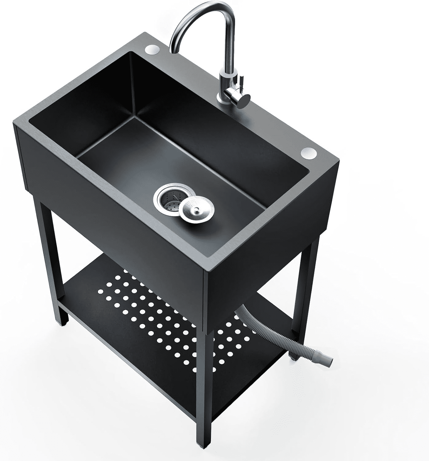 26" Freestanding Utility Sink, Single Bowl Kitchen Sinks w/Storage Shelve, Black Heavy Duty Sinks with Cold & Hot Water Pipe for Commercial Laundry Room Bathroom Farmhouse