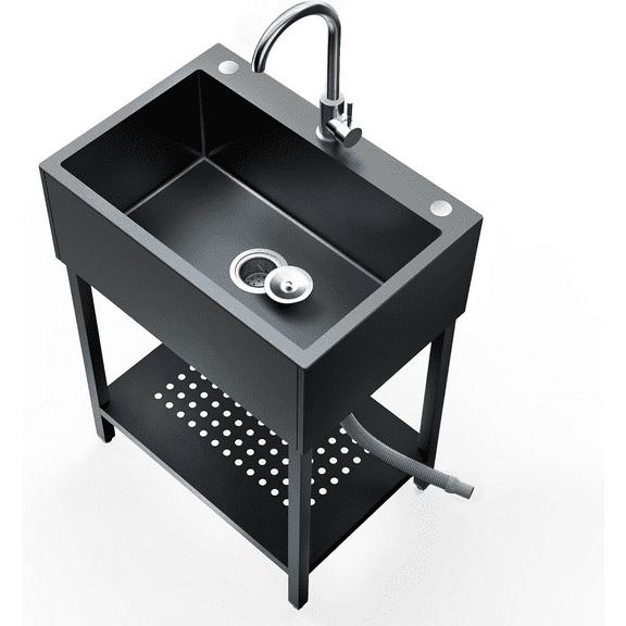 26" Freestanding Utility Sink, Single Bowl Kitchen Sinks w/Storage Shelve, Black Heavy Duty Sinks with Cold & Hot Water Pipe for Commercial Laundry Room Bathroom Farmhouse