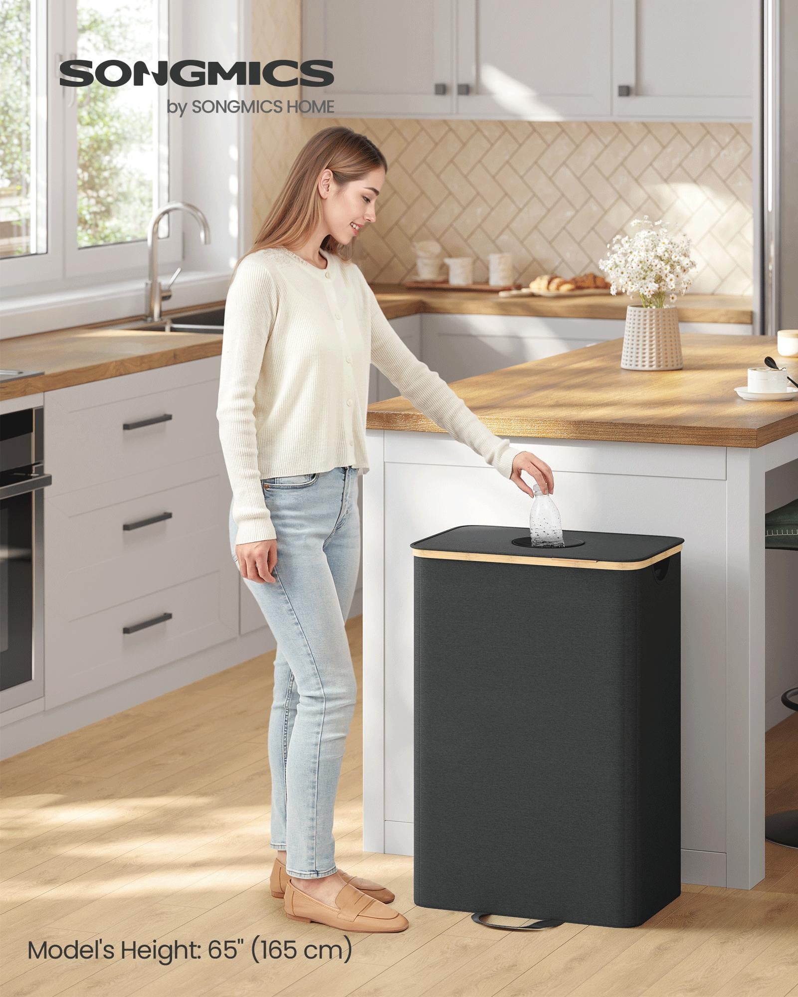 SONGMICS Recycling Bin for Kitchen 26.4 Gallon. Bottle Recycling Container, Collection Bin, for Metal, Plastic, Paper, Glass, Inner Bag with Handles, Kitchen, Ink Black and Natural Beige