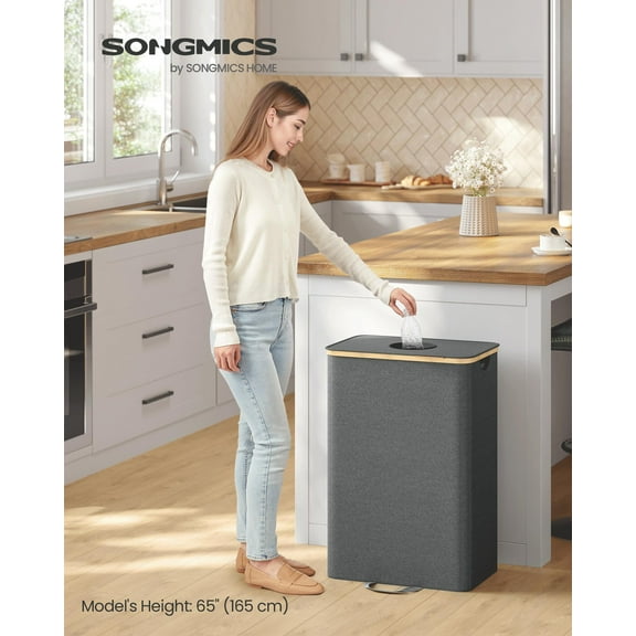 SONGMICS Recycling Bin for Kitchen 26.4 Gallon. Bottle Recycling Container, Collection Bin, for Metal, Plastic, Paper, Glass, Inner Bag with Handles, Kitchen, Slate Gray and Natural Beige