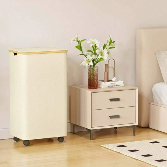 26 Gallon Rolling Laundry Hamper - With Lid & Bamboo Handle, Large Capacity Fabric Bin On Wheels, Neutral Beige Storage Organizer - Ideal for Bedroom, Bathroom, Dorm