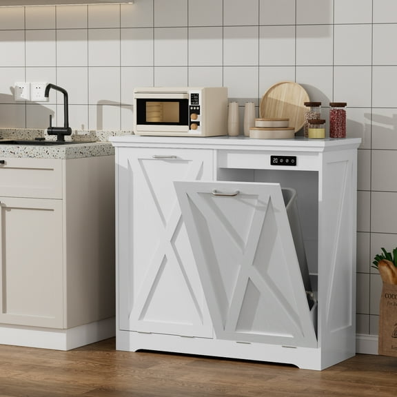 26-Gallon Tilt-Out Trash Can Cabinet, Hidden Trash Bin with Deodorizing & Negative Ion Technology, Pet-Proof Design for Kitchen, Dining Room, Living Room, White