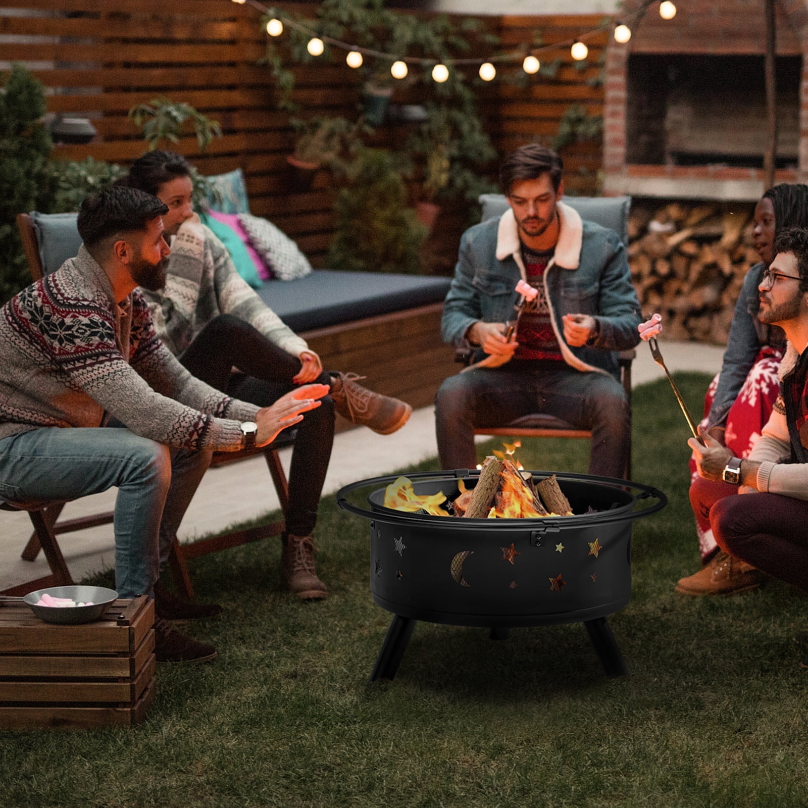 30" Garden Fire Pit for Patio, HexShaped Steel Fire Pit with Flame-Retardant Lid, Outdoor Metal Fire Pit with Poker, Multifunctional Heater/Grill/Ice Pit for Backyard Patio Garden BBQ Grill, S1775