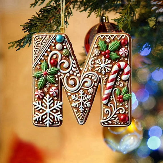 26 Gingerbread Alphabet Ornaments for Christmas Tree Candy Cane Initial Letter A Pendant with Berries Pattern Mini Hanging Decorations for Party Gifts DIY Decor