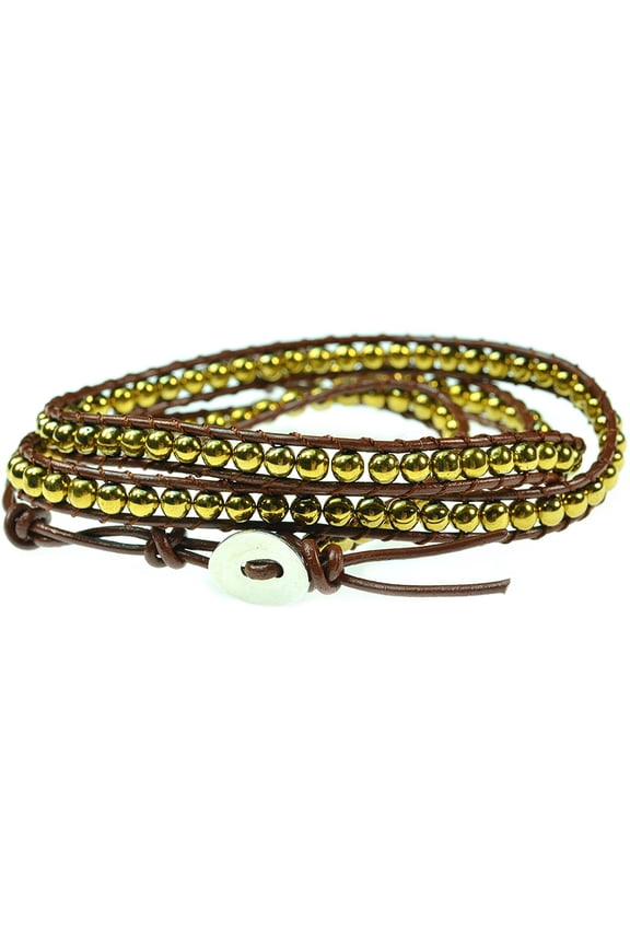 26" Gold Hematite Gemstone on Genuine Brown Leather Wrap Bracelet