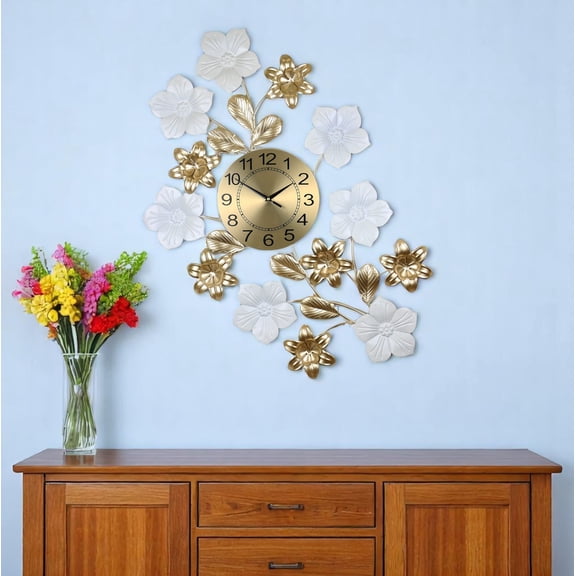HomeRoots 626378 26 in. Gold White & Black Metal Silent Analog Floral Wall Clock