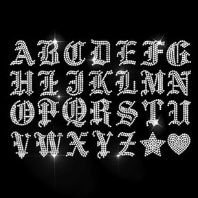 26 Gothic Alphabets Rhinestone Iron on Hotfix Transfer Letters Bling Heat Transfer Decal Star Heart Iron on Transfers Rhinestone Hot-fix Decals for Shirts Bags Hats Jeans Colorful DIY