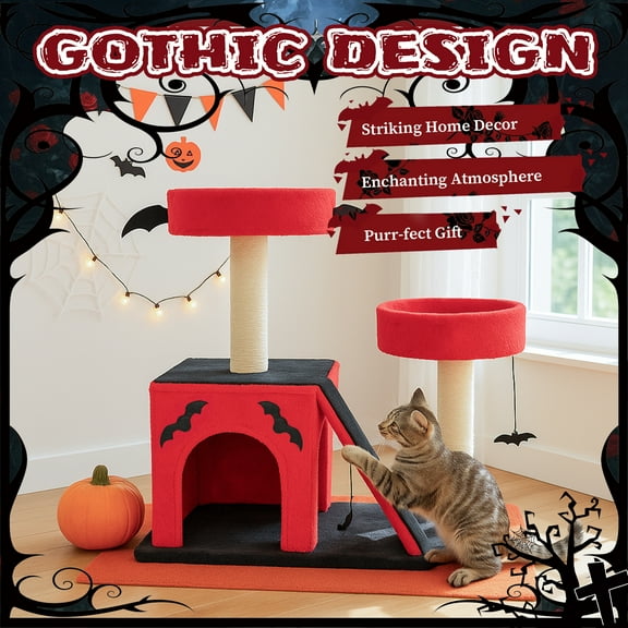 26" Gothic Cat Tree Halloween Dcor Multi-Level Cat Tower with 2 Perches Condo Scratching Posts Spider Toy Scratching Ladder for Large Cats Red & Black