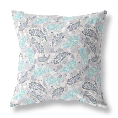 26â€ Gray Turquoise Boho Paisley Indoor Outdoor Throw Pillow