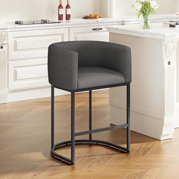26" H Counter Height Bar Stool, Set of 1, Modern Barrel Linen Upholstered Accent Stool with Back & Arms, 450 LBS Support for Kitchen Island, Carbon Black