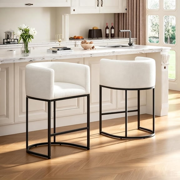 26" H Counter Height Bar Stools Set of 2, Modern Barrel Counter Stools with Backrest and Arms, Linen Fabric Upholstered Accent Barstools for Kitchen Island,Support 450 LBS (White)