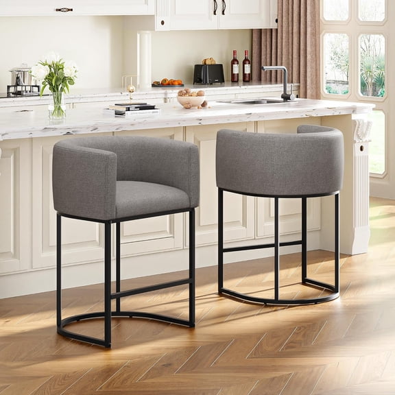 26" H Counter Height Bar Stools Set of 2, Modern Barrel Design, Linen Fabric Upholstered, Backrest & Arms, Kitchen Island, 450 LBS (Gray)