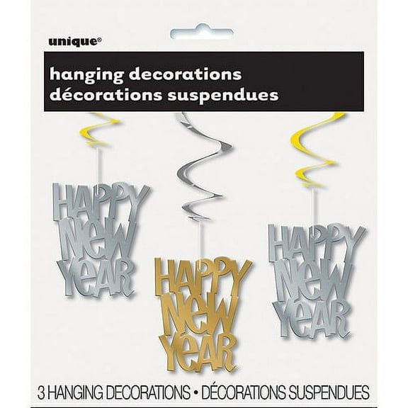 26" Hanging Swirl Silver and Gold Happy New Year Decorations, 3-Count