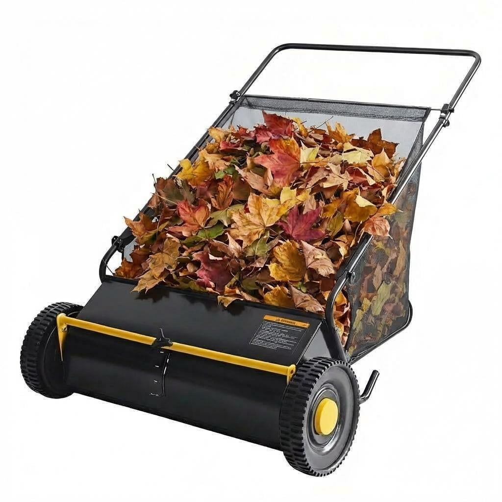 26 in Heavy Duty Push Lawn Sweeper with 4 Fast Spinning Brushes - Lawn Sweeper for Leaf and Grass Collector, Yard Cleanup - Leaf Picker Upper Machine b