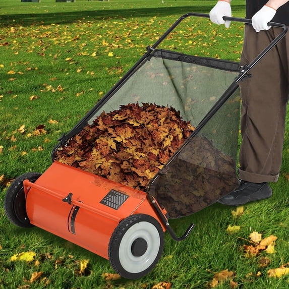 26" Heavy-Duty Push Lawn Sweeper - 4 Spinning Brushes, 7Ft³ Large Capacity Collection Bag, Adjustable Height for Grass, Leaves & Debris, Orange