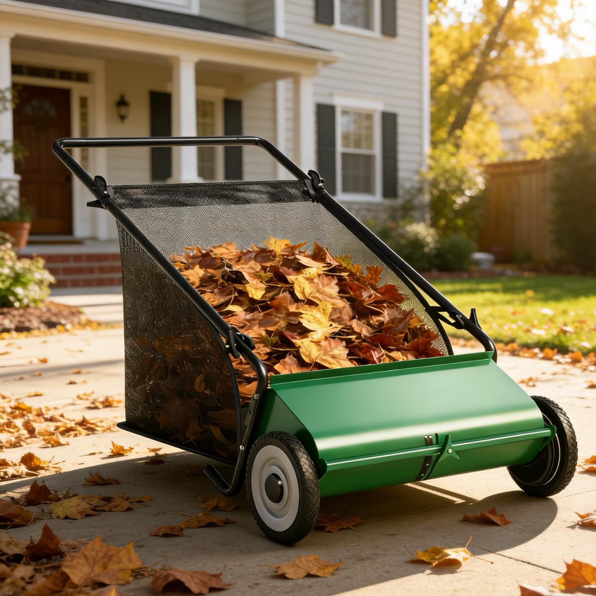 26" Heavy-Duty Push Lawn Sweeper - 4 Spinning Brushes, 7Ft³ Large Capacity Collection Bag, Adjustable Height for Grass, Leaves & Debris, green