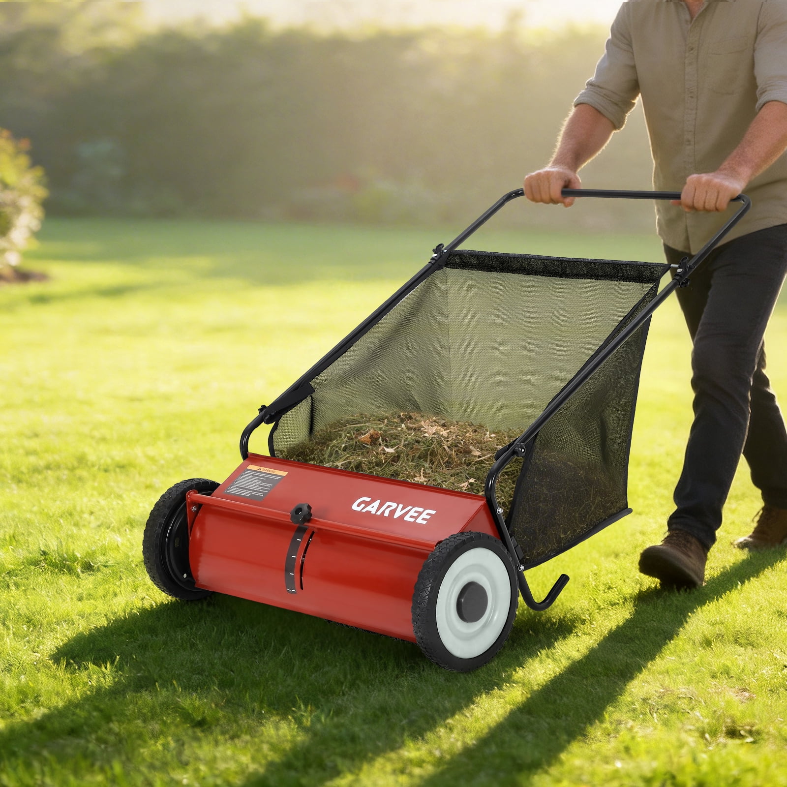 26" Heavy-Duty Push Lawn Sweeper, Leaf Sweeper for Lawn with 4 Spinning Brushes & Large Capacity Collection Bag, Adjustable Height Grass Clippings & Debris Collector for All Terrains, Red