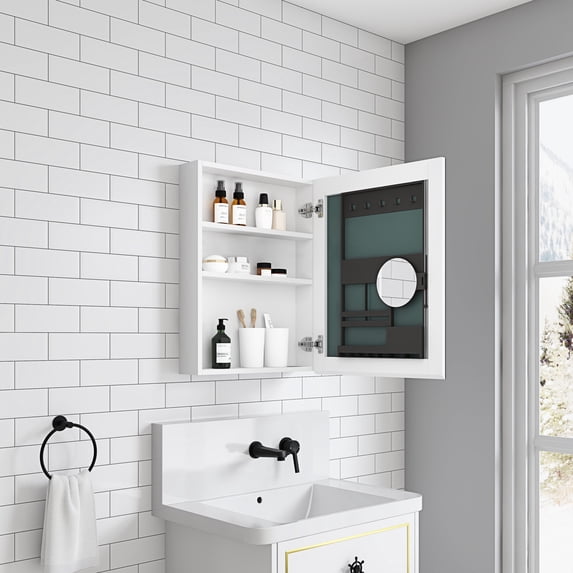 26'' High Frameless Bathroom Medicine Cabinet, White - Undistorted Mirror, Long-Lasting Wood