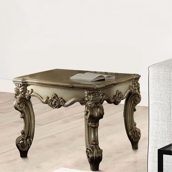 26" High Gold Patina And Bone End Table With Scrolled Leg, Square Top Noble Table, Majestic Leg