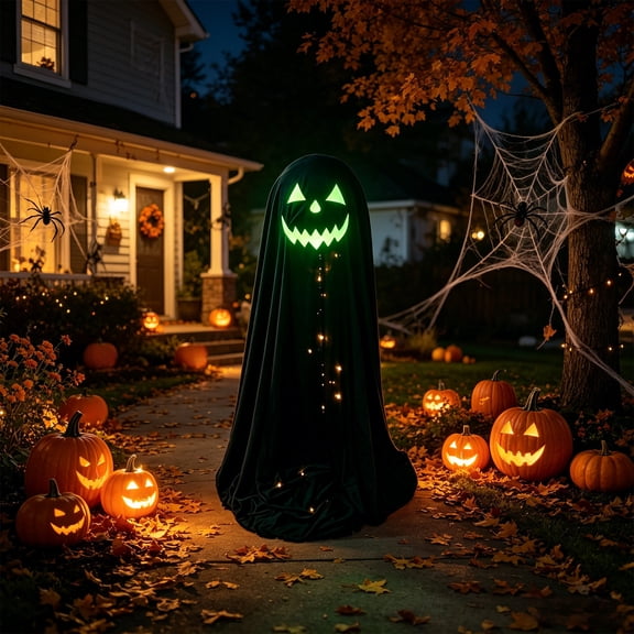 26 In LED Light Up Black Ghost Yard Decor, Glowing Green O-Lantern Face with Fabric Cover Stand Pole, Halloween Outdoor Porch Garden Lawn Party Prop