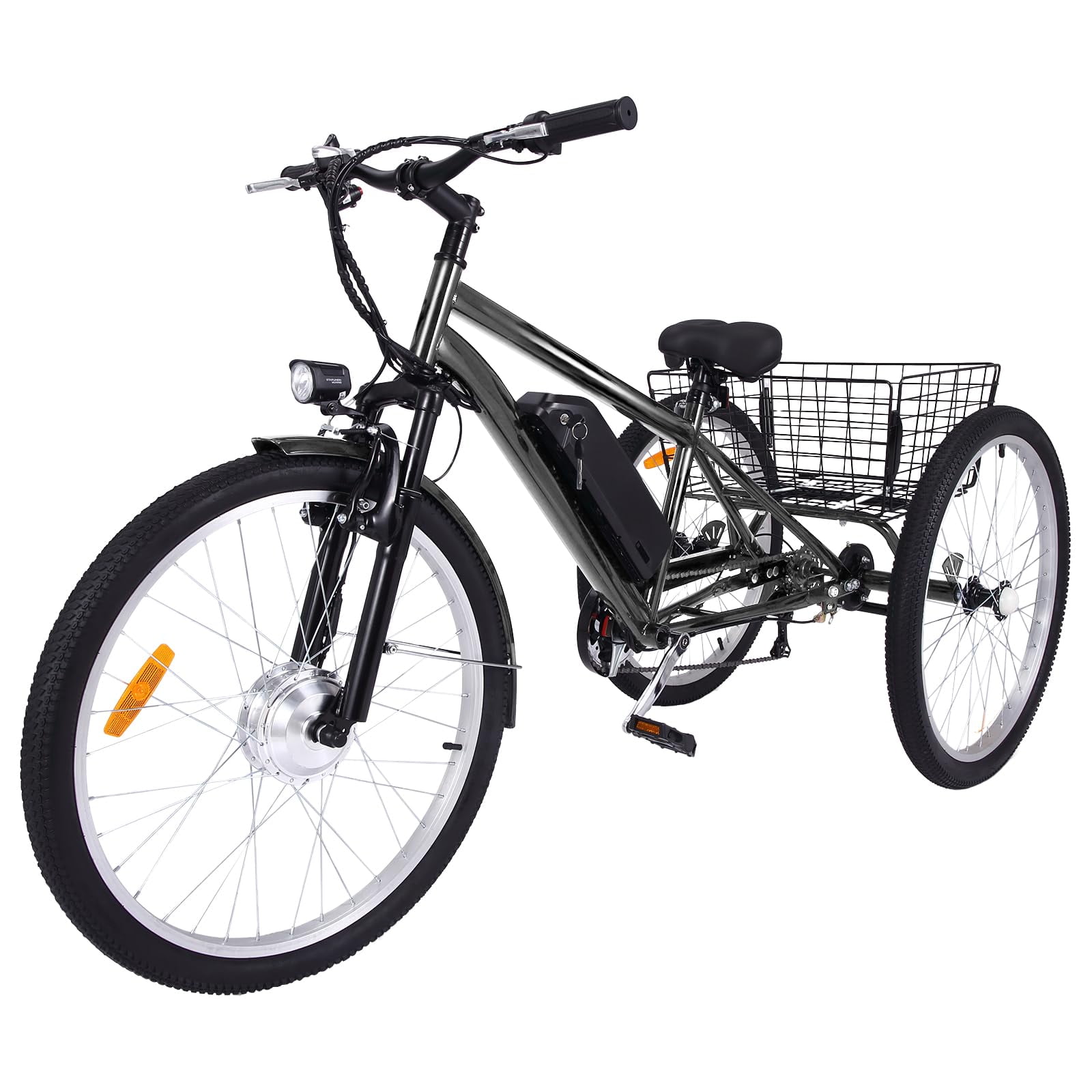 26 Inch 24 Inch Adult Electric Tricycle 3 Wheel Mountain Electric Bicycle with Basket, 350W Brushless Motor, 36V 10Ah Removable Battery, 7 Speed Trike for Men Women