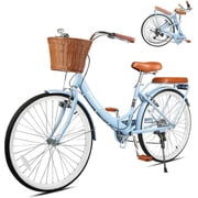 Gaonala 26 inch 7 Speed Folding Beach Cruiser Bike for Women Step Through Frame Adjustable Seat Basket City Commute Blue