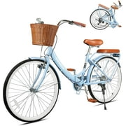 Gaonala 26 inch 7 Speed Folding Beach Cruiser Bike for Women Step Through Frame Adjustable Seat Basket City Commute Blue