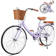 Gaonala 26 inch 7-Speed Beach Cruiser Bike Folding Step Through Ladies Adults Adjustable Seat Basket Rack City CommutingPurple