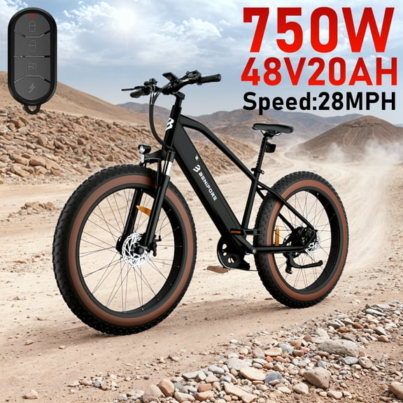 26 Inch 750W Electric Mountain Bike 48V15Ah Lithium Battery 50-60 Miles Range Shimano 7 Speed Mechanical Disc Brakes 3 Inch Wide Tires LCD Display Electric Bike for Adults