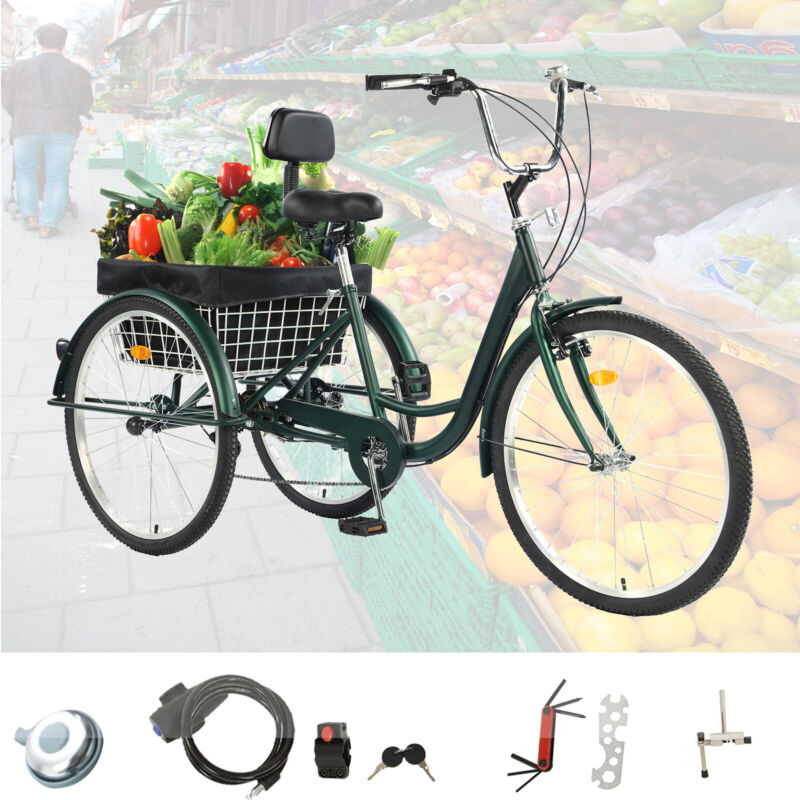 PRIJESSE 26 inch Adults Tricycle 7-Speed Three Wheel Bike Cruising with Rear Storage Basket (Green）