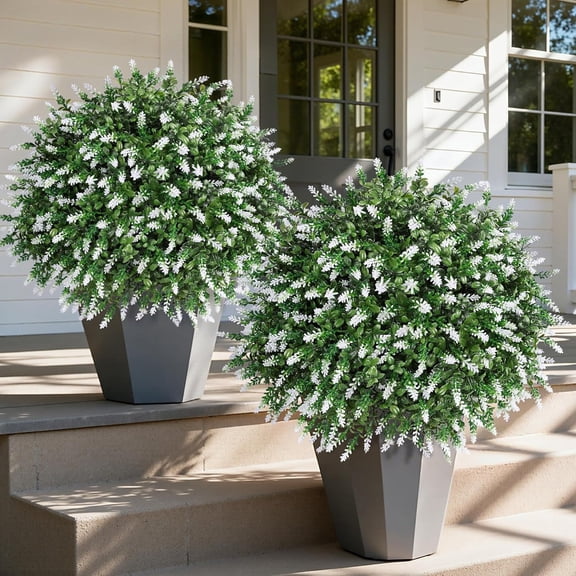 26 Inch Artificial Boxwood Ball Topiary Trees with Lavender Accents 2 Pack UV Resistant Fake Shrubs for Indoor Outdoor Use White