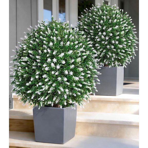 26 Inch Artificial Boxwood Topiary Tree with Lavender Accents White Tree Shaped