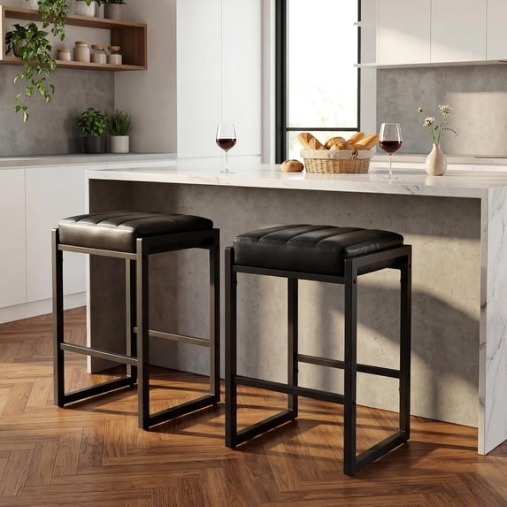 26 Inch Backless Bar Stools Set of 2, Modern Faux Leather Counter Stools with Metal Frame, Upholstered Square Bar Chairs for Kitchen Island(Black, Set of 2)