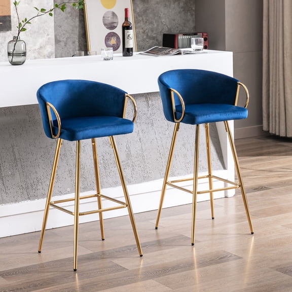 26 Inch Bar Stools , 2 Units, Blue Velvet + Golden Leg With Footrest, Practical Seating Of Stools, Leg, Modern Touch