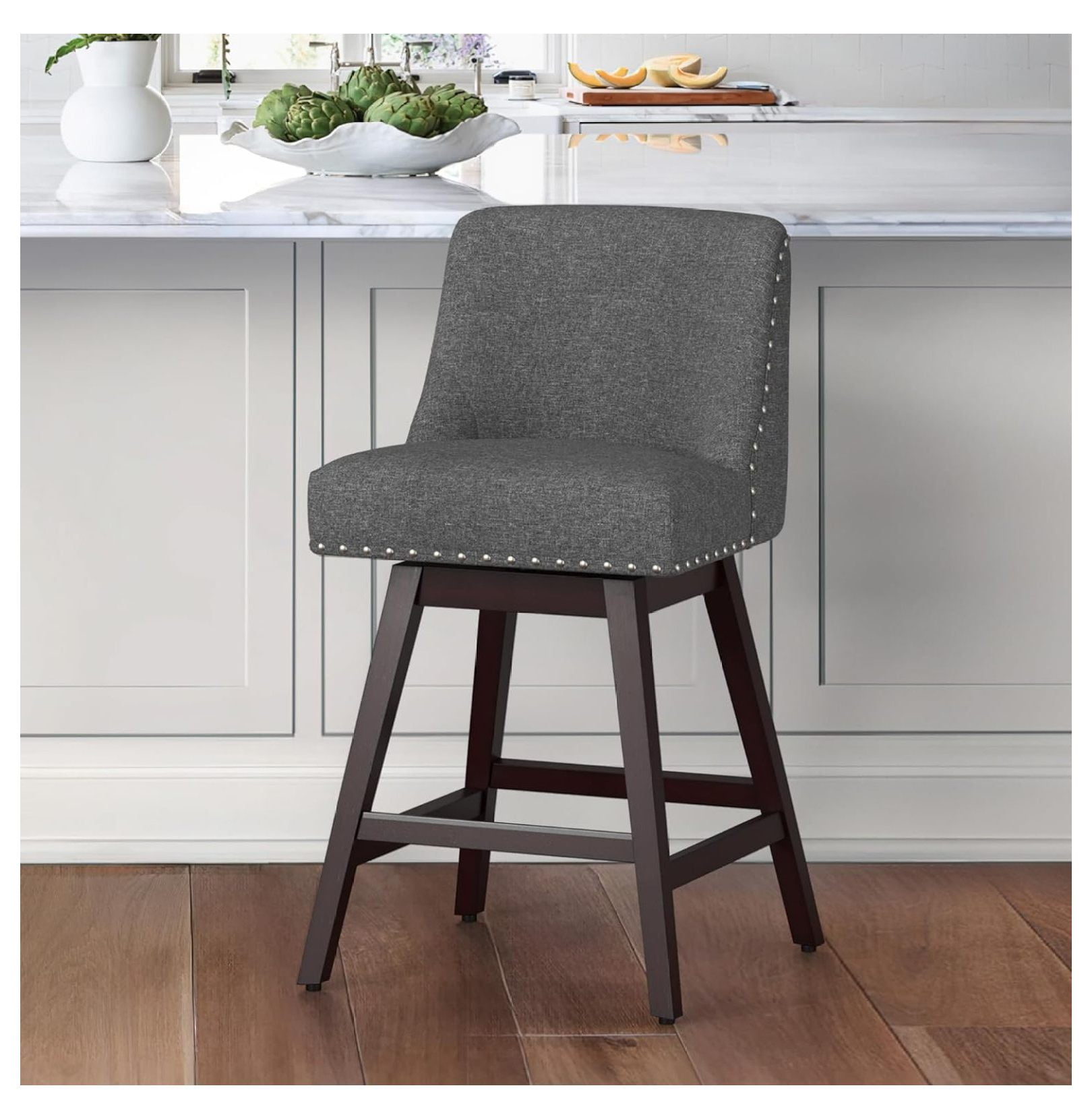 26 Inch Bar Stools, Gray Swivel Counter Stools with Back, Linen Fabric