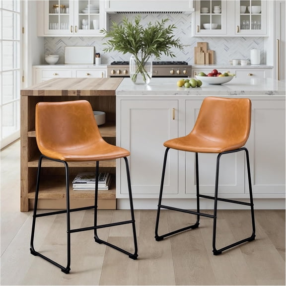 26 Inch Bar Stools Set of 2, Counter Height Bar stools for Kitchen Island, Modern Crazy Horse Leather Bar Stool with Back and Metal Legs, Whiskey Brown