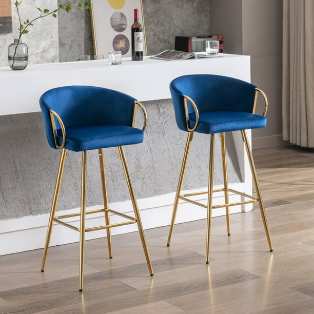 26 Inch Bar Stools Set of 2 Counter Height Barstools with Chrome Footrest Modern 2 Piece Dining Chairs with Base Velvet and Golden Leg Bar Chairs