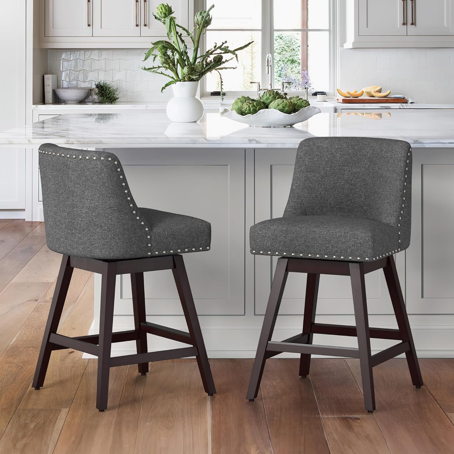 Gray Linen Fabric Swivel Bar Stools with Solid Wood Legs, Set of 2