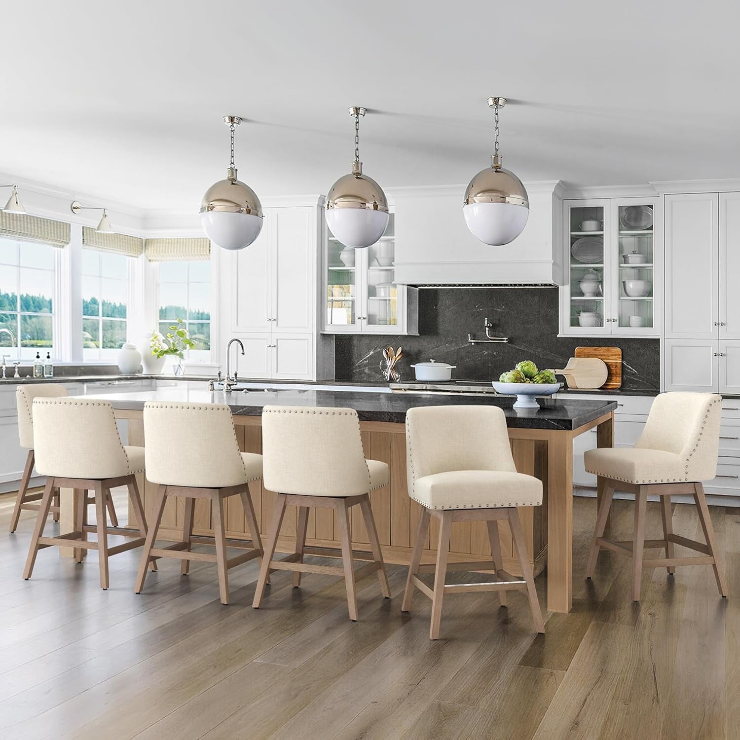 26'' Yellowish-Brown Swivel Counter Stools with Faux Leather and Wood Legs, Set of 6