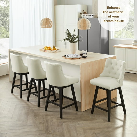 26 Inch Bar Stools Set of 4,Swivel Counter Stools with Back, Linen Fabric Upholstered Barstools, Solid Wood Legs with Footrest, Modern Bar Stool(Beige)
