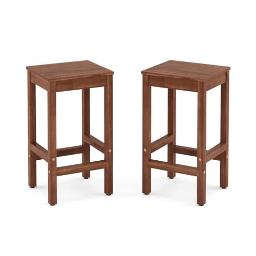 26 Inch Bar Stools Set of 2, Counter Height Bar Stool with Footrest, Acacia Wood Bar Chairs for Kitchen Island, Dining Room, Cafe, Bar Counter, Teak