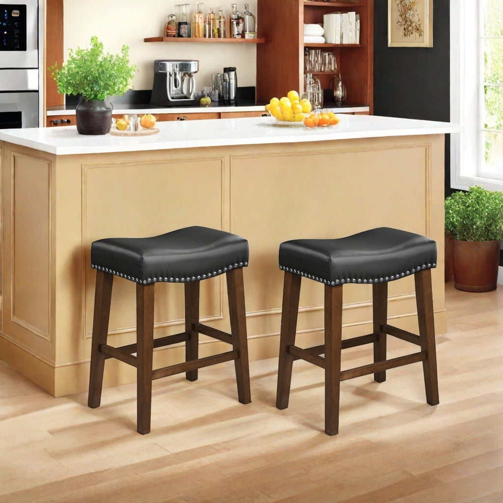 26 Inch Bar Stools Set of 2 Leather Counter Height Kitchen Stools Curved Backless Saddle Barstools for Kitchen Island, Black