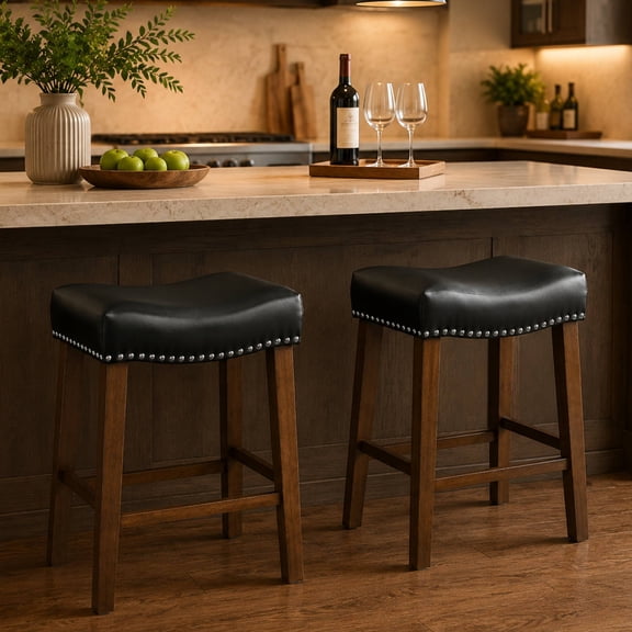 26 Inch Bar Stools Set of 2 Leather Counter Height Kitchen Stools Curved Backless Saddle Barstools for Kitchen Island, Black