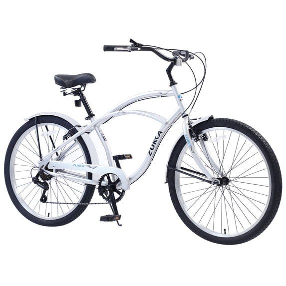 26-Inch Beach Cruiser Bike, 7-Speed Bicycle with V-Brakes, Sliver