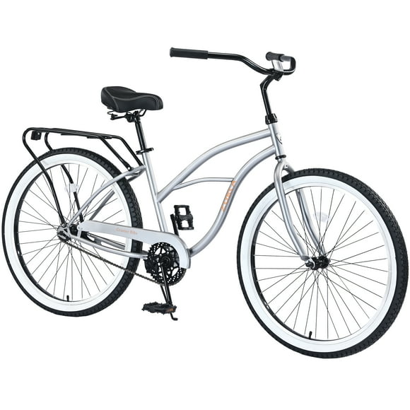 26 Inch Beach Cruiser Bike, Single Speed Bicycle with Steel Frame, Wide Wheels and Rear Coaster Brakes, Comfortable City Commuter Bike for Adult Men, Silver