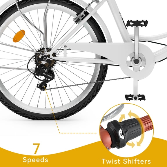 26 Inch Beach Cruiser Bike for Women - 7 Speed Commute Bike for Adults - Womens Bicycle with Adjustable Seat in White