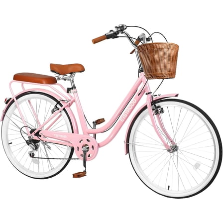 Gaonala 26 inch Beach Cruiser Bike for Women with Bicycle Saddles Adjustable Seat and Basket(Pink)